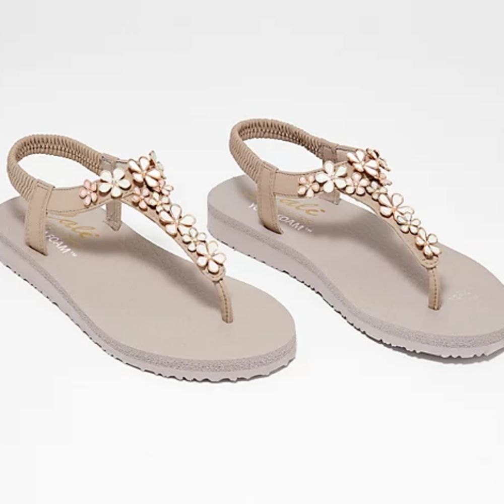 Skechers Meditation Glass Daisy Women's Sandals 9M Beige Taupe Thong Flip-Flop